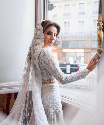 C2023-LS2V9 - Embellished embroidery Long sleeve two piece wedding gown ensemble with veil
