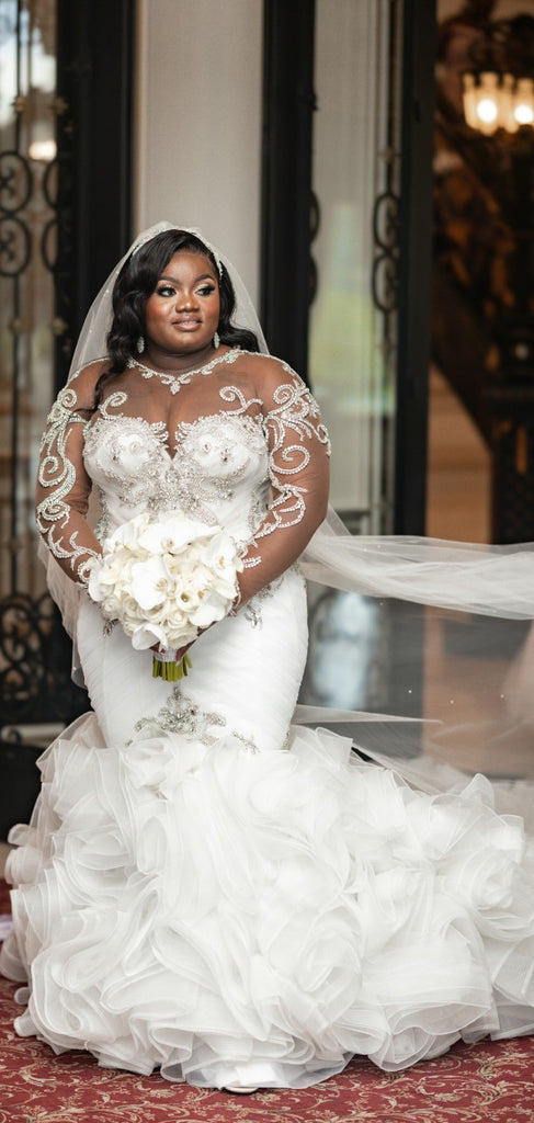 C2022-SLS69 - beaded plus size fit-and-flare wedding gown with sheer i –  Darius Fashions