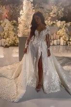 C2024-LSV11 - sheer long sleeve wedding gown with illusion neckline and leg split