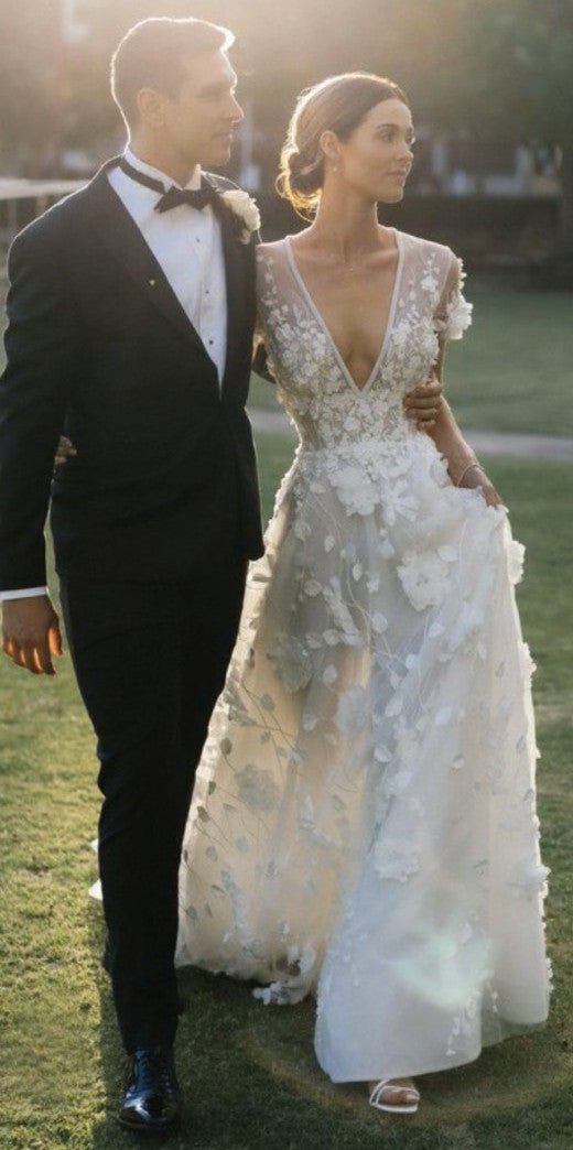 C2023-VA55w - Short cap sleeve v-neck a-line wedding gown with 3D flower embellishments