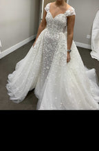 C2023-CS081 - short cap sleeve beaded lace wedding gown with detachable skirt train