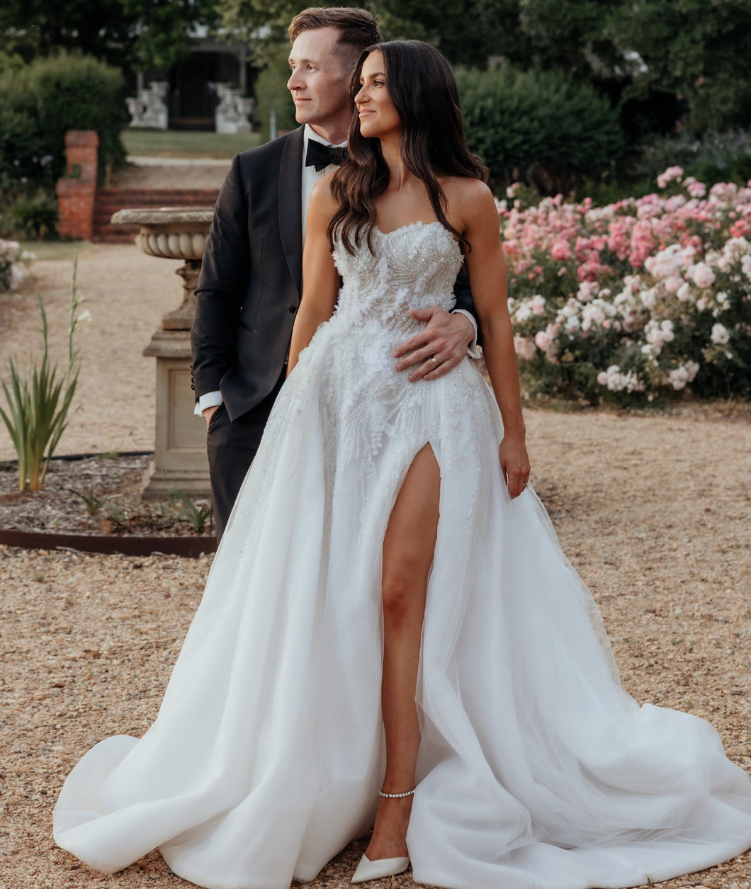 C2023-SS63P - strapless sweetheart beaded wedding gown with thigh high split and detachable train