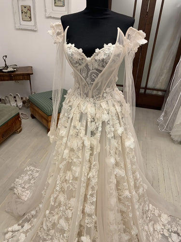 C2023-LS83T - robe de mariée trapèze transparente à manches longues et épaules dénudées