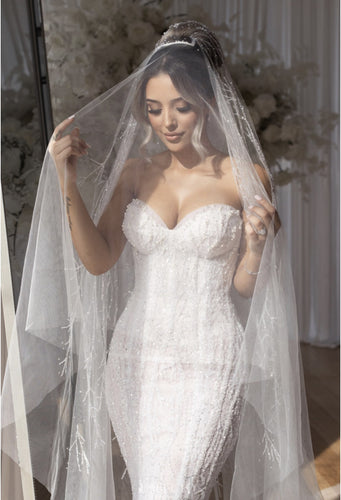 C2023-SB717 - vestido de novia con escote corazón, palabra de honor, pedrería y velo