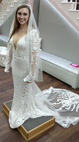 C2023-SB779 - vestido de novia sexy con cuentas y cuello en V, manga larga, sin espalda