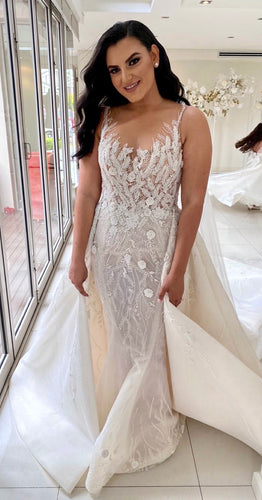 C2023-SD70B - sleeveless illusion neckline wedding gown with detachable train
