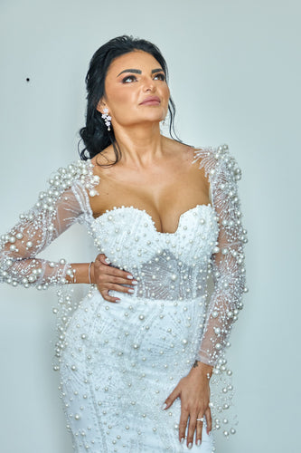 C2023-LSS62 - Vestido de novia de manga larga transparente con pedrería