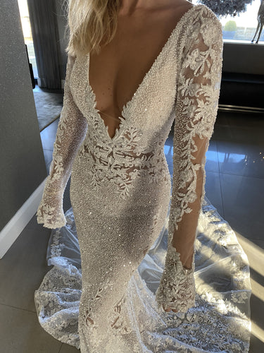 C2023-LSV88 - Berta Bridal Inspired Long Sleeve deep sexy v-neck beaded wedding gown
