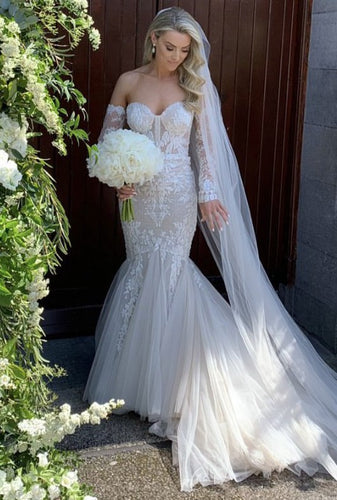 C2023-DS47 - vestido de novia de encaje de manga larga desmontable sin tirantes