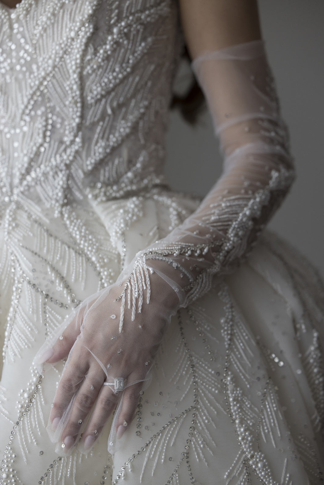 C2023-BG71Y -  beaded formal ball gown wedding dress w sheer detachable sleeve