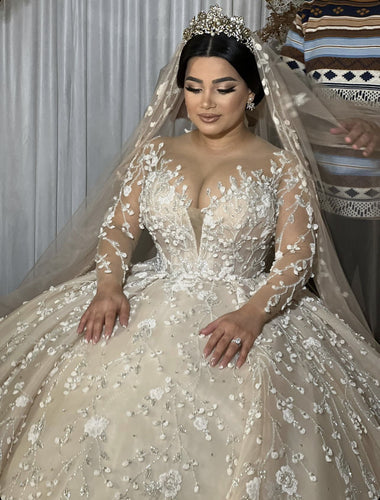 C2024-PSL993 - Vestido de novia de talla grande con mangas largas transparentes.