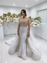 C2024-CB73 - crystal beaded wedding gown with sheer long sleeves and detachable train