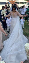 C2024-CB73 - crystal beaded wedding gown with sheer long sleeves and detachable train