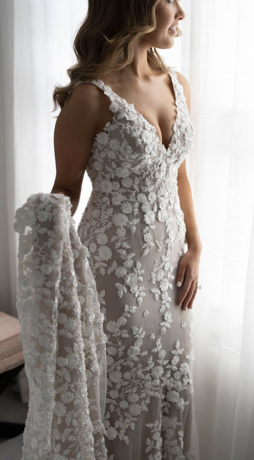 C2024-VN44F - sleeveless v-neck wedding gown with 3D embroidered embellishments