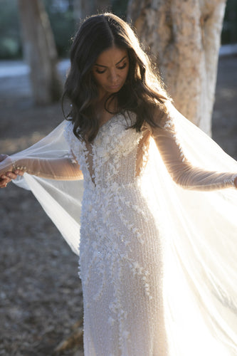 C2024-LS20B - vestido de novia con espalda en forma de cerradura y pedrería, manga larga transparente