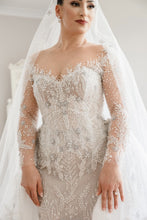 C2024-LS77B - crystal beaded wedding gown with sheer long sleeves & illusion neckline
