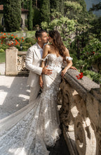 C2024-SS63F - strapless off the shoulder beaded lace wedding gown with corset bodice