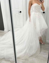 C2024-SH55 - sweetheart strapless high-low wedding gown with chapel tulle train