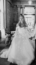 C2024-LSg27 - Bishop long sleeve wedding ball gown with off the shoulder neckline.