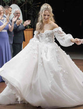 C2024-LSg27 - Bishop long sleeve wedding ball gown with off the shoulder neckline.