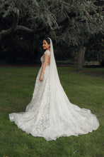 C2024-CS - short cap sleeve a-line wedding gown with sheer illusion v-neck bustline