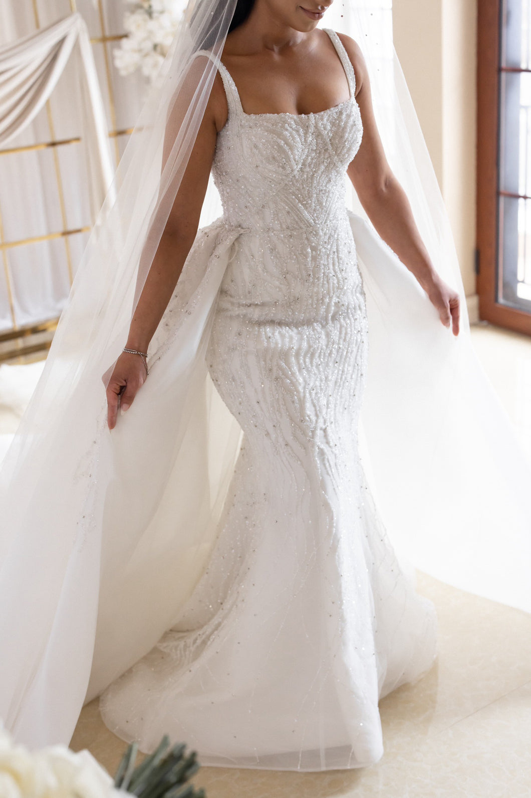 C2024-B81S - beaded wedding gown with open bust line and shoulder straps