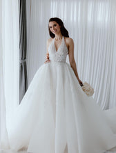 C2024-HB115 - backless halter wedding dress with v-neck and a-line ball gown skirt