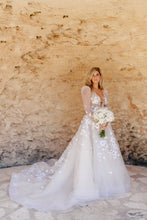 C2024-LS75V - Sheer long sleeve wedding gown with deep v-neck and a-line style skirt