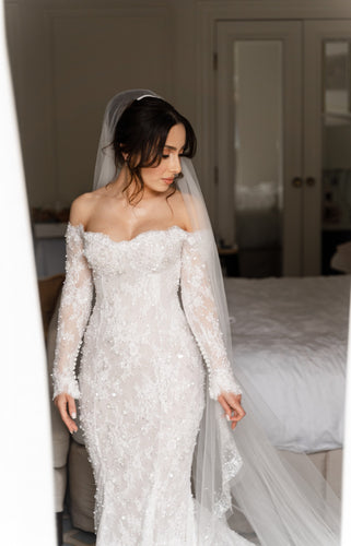 C2024-LDG88 - off the shoulder long sleeve beaded lace wedding gown