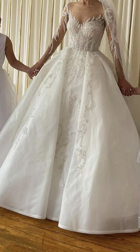 C2024-NAL440 - Illusion neckline beaded wedding ball gown with sheer long sleeves