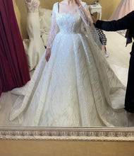 C2024-BG861 - beaded square neck wedding ball gown with sheer long sleeves