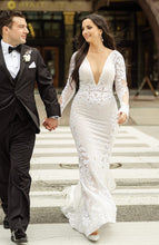 C2023-LSV88b - sexy v-neck beaded wedding dress with long sleeves