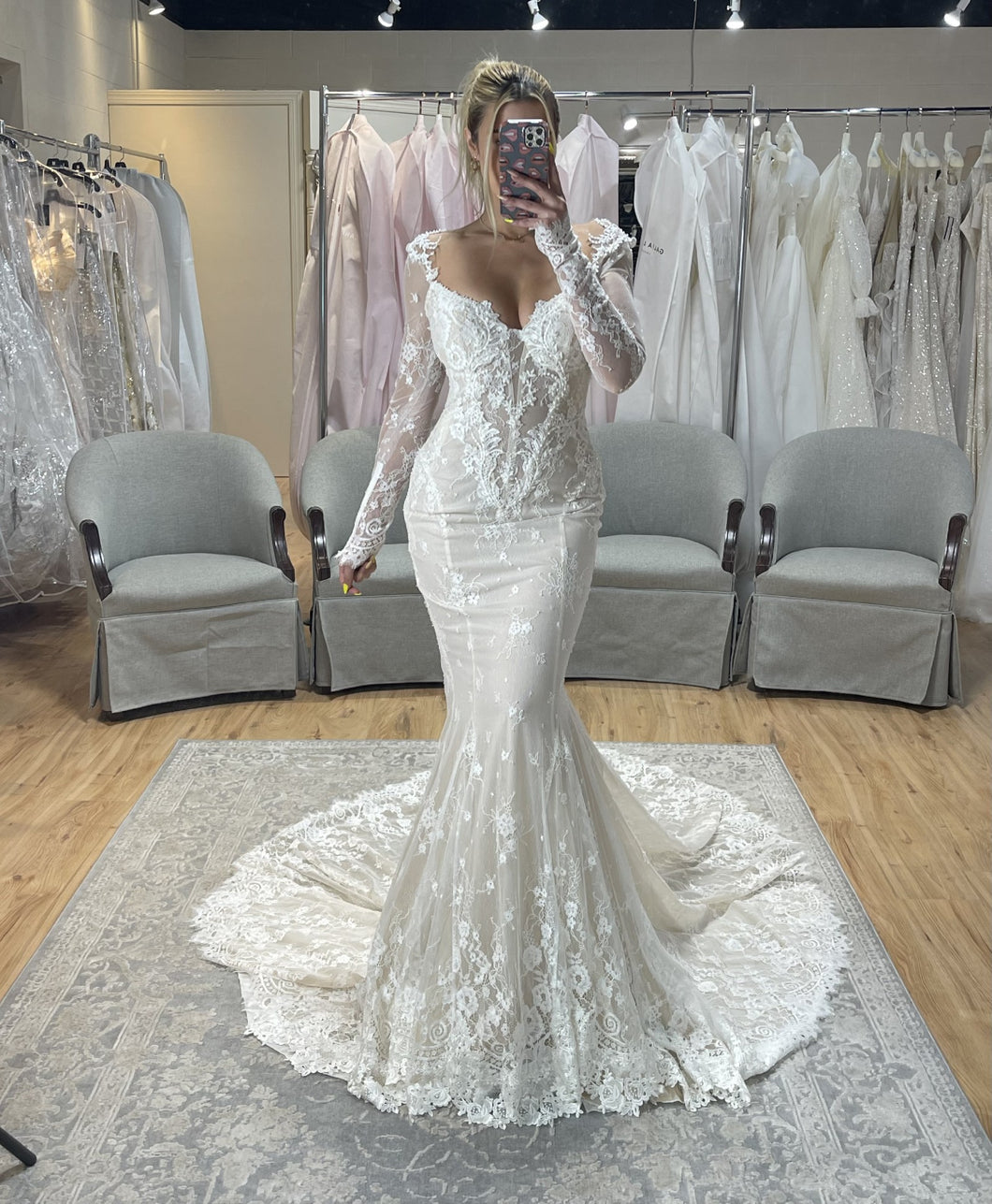 C2023-LLS41 - backless long sleeve beaded lace wedding gown with open bust line