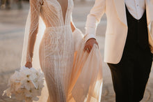 C2023-LSV20 - long sleeve beaded deep v-neck sexy wedding dress