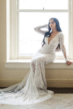 C2023-LSV88b - sexy v-neck beaded wedding dress with long sleeves