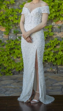 C2023-OSSp29 - off the shoulder beaded sheath wedding gown with split & train