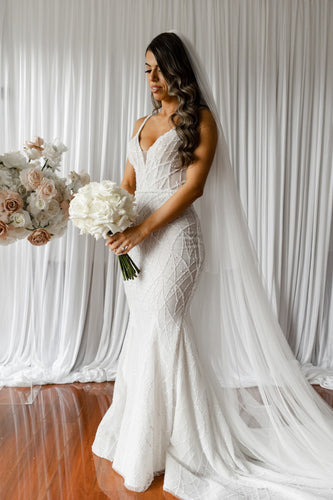 C2024-BF662 - beaded fitted wedding gown with open bust line and mermaid skirt