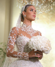 C2023-LSC87 - sheer illusion neckline long sleeve beaded embroidery wedding ball gown