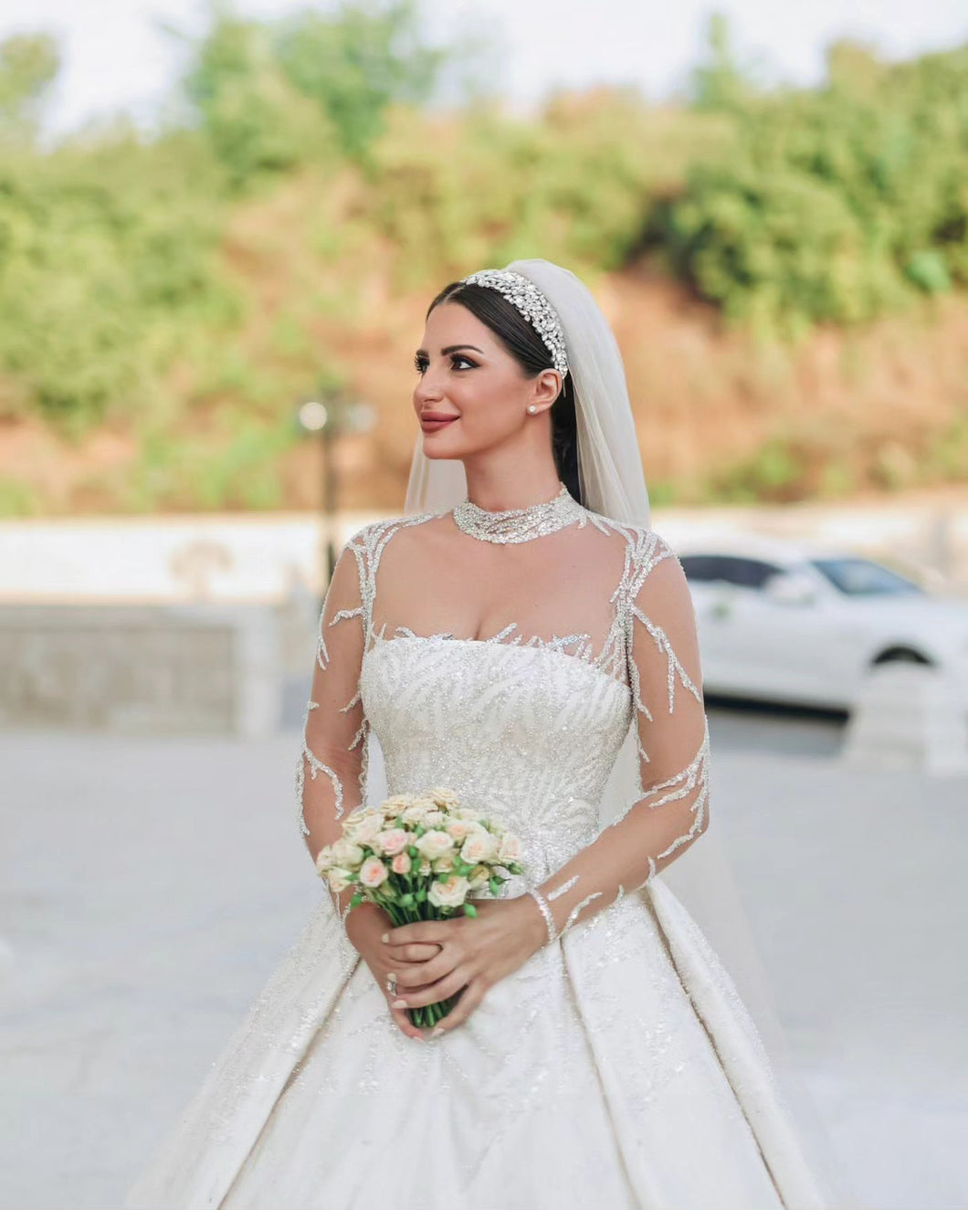 Long sleeve sheer illusion neck lace wedding dress from Darius Bridal