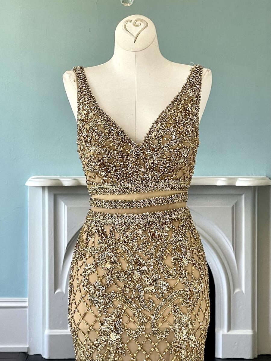 C44307 - Sleeveless gold beaded pageant gown dress with v-neck and empire waist line