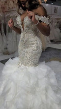 C2022-FF787 - off the shoulder fit-to-flare wedding gown with swarovski crystal beading and ruffle tulle mermaid skirt