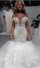 C2022-FF787 - off the shoulder fit-to-flare wedding gown with swarovski crystal beading and ruffle tulle mermaid skirt