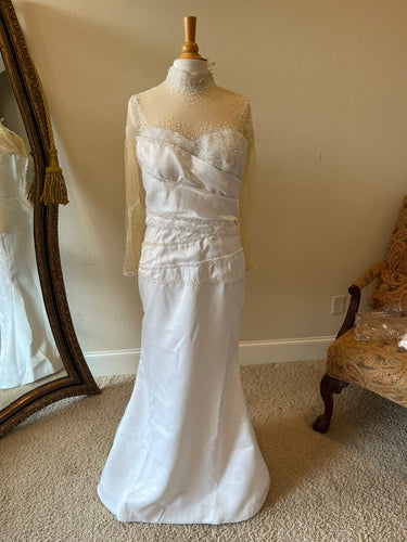 C2025-Aperkins - beaded sheer illusion neckline pleated bodice wedding gown with long sleeves from Darius Cordell