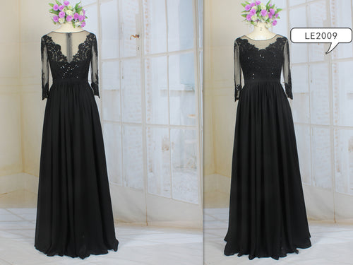 LE2009 - Vestido de noche formal negro transparente de manga larga para madre de la novia