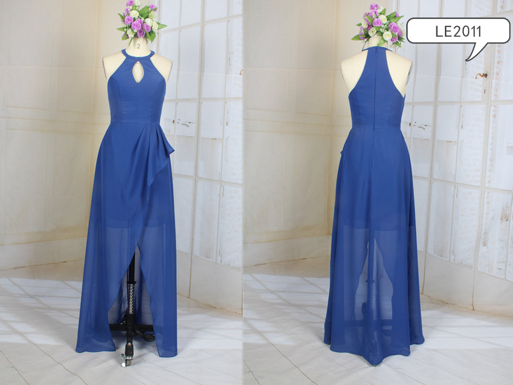LE2011 - blue halter formal evening gown sheer dress