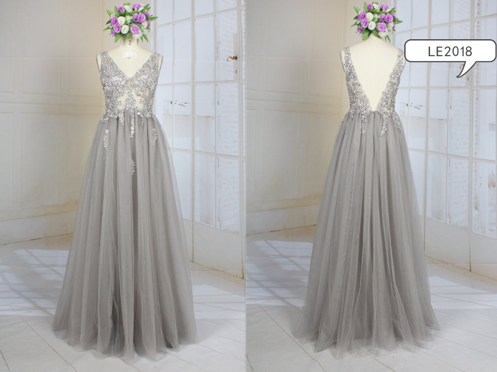 LE2018 - sleeveless v-neck backless grey a-line formal evening gowns dress