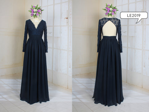 LE2019 - backless long sleeve beaded lace v-neck mother of the bride formal evening gown