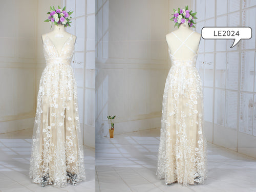 LE2024 - Sleeveless spaghetti strap empire waist informal two tone wedding gown dress