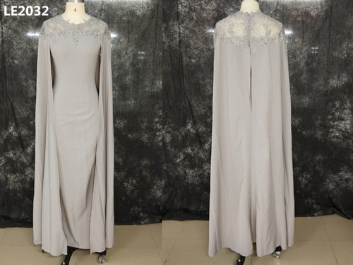 LE2032 - modesto vestido de noche formal de encaje con cuentas y cuello redondo para madre de la novia con capa