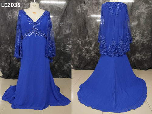LE2035 - Vestido de noche formal azul real de manga larga de talla grande para madre de la novia